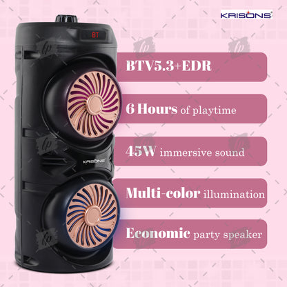 Krisons Cylender V1 Double Woofer 45W Multi-Media Bluetooth Party Speaker with Wired Mic for Karaoke,2400 MAH Battery, Digital Display,RGB Lights, USB, SD Card, FM Radio,Auto TWS Function