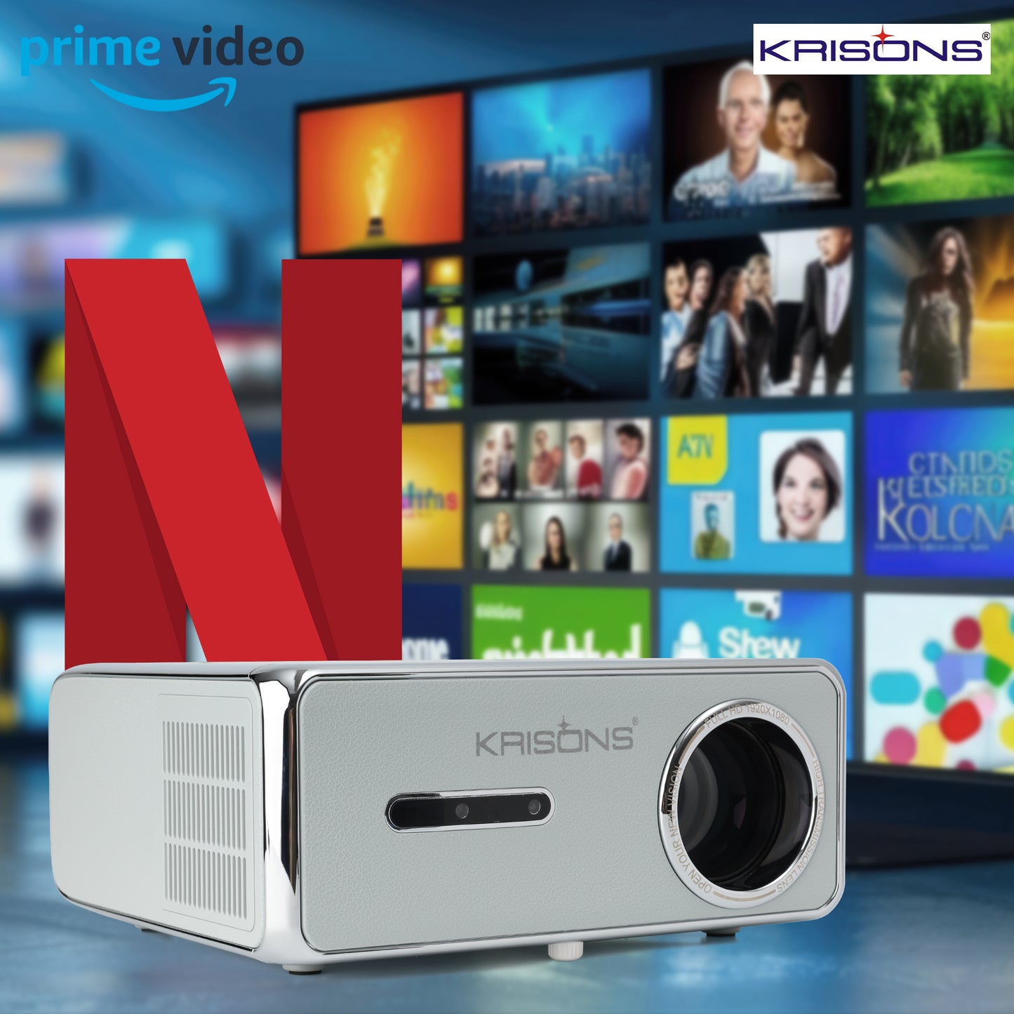 KRISONS-RAZOR 001 Android 12(2GB+16GB),4K HDR10,Semi Closed Engine, 4K Projector,100 ANSI, Full Automatic (OA+AF+TILT), HDMI ARC, BT 5.2, Dual WiFi 6, 3D With free Fire Stick,20 Watts Sound Bar