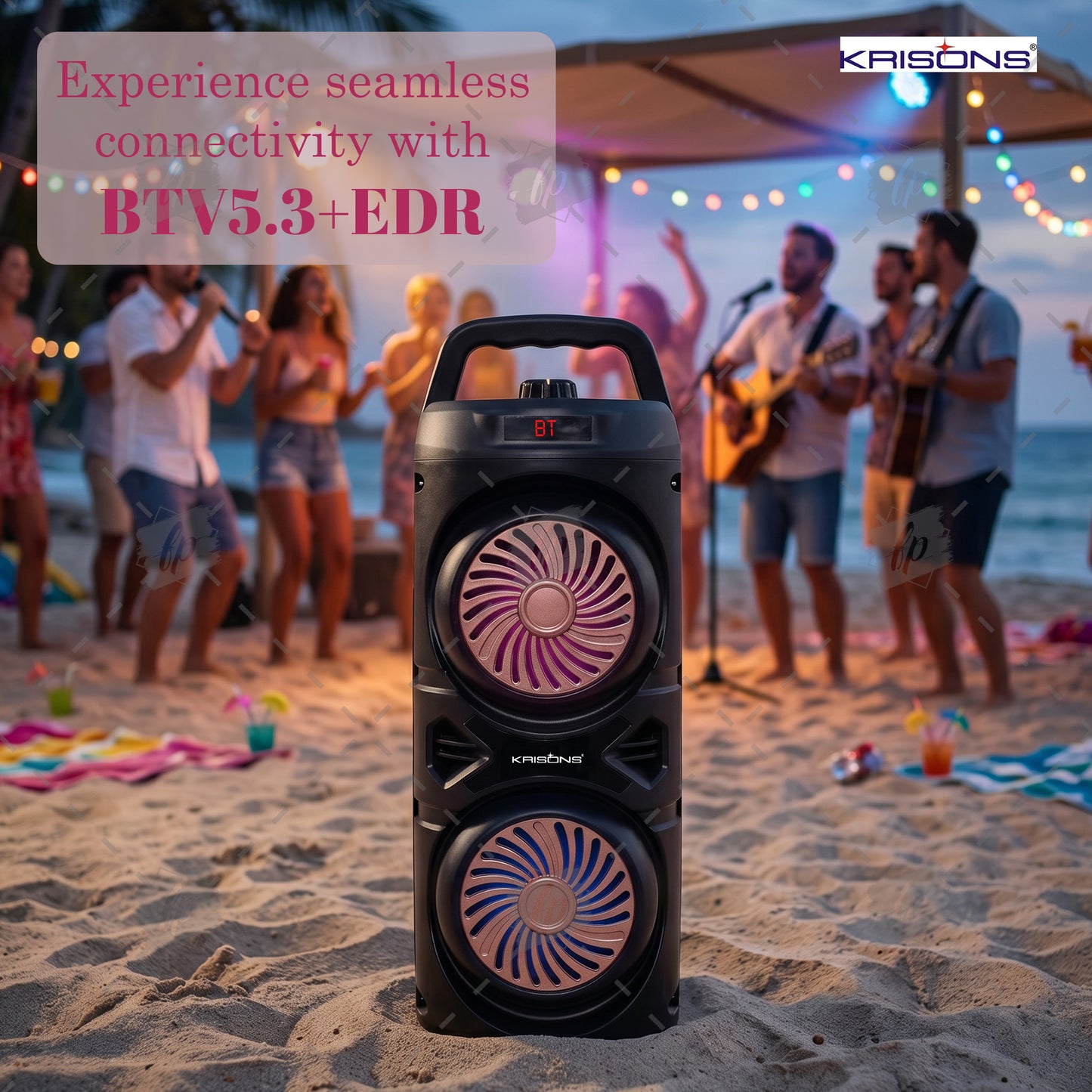 Krisons Cylender V1 Double Woofer 45W Multi-Media Bluetooth Party Speaker with Wired Mic for Karaoke,2400 MAH Battery, Digital Display,RGB Lights, USB, SD Card, FM Radio,Auto TWS Function