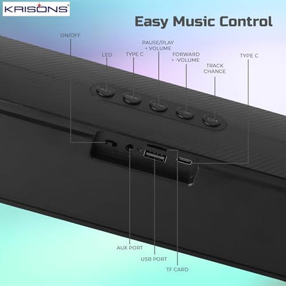 Krisons SB002 40W Multi-Media Bluetooth Sound Bar,2400 MAH Battery, Digital Display,RGB Lights, USB, SD Card, FM Radio,Auto TWS Function