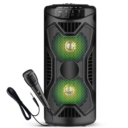 KRISONS Rockstar 4” Double Woofer 20W Multi-Media Bluetooth Party Speaker with Wired Mic for Karaoke, RGB Lights, USB, SD Card and FM Radio