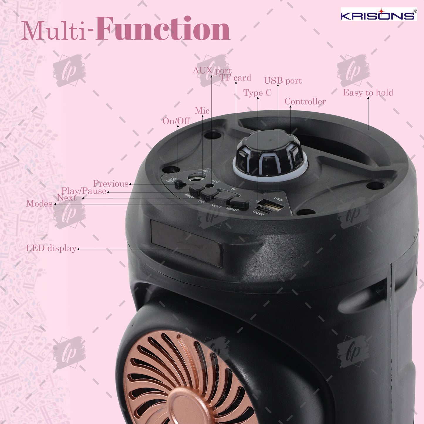 Krisons Cylender V1 Double Woofer 45W Multi-Media Bluetooth Party Speaker with Wired Mic for Karaoke,2400 MAH Battery, Digital Display,RGB Lights, USB, SD Card, FM Radio,Auto TWS Function
