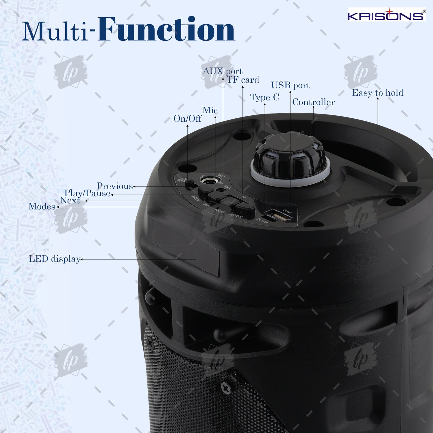 Krisons Cylender V2 Double Woofer 50W Multi-Media Bluetooth Party Speaker with Wired Mic for Karaoke,2400 MAH Battery, Digital Display,RGB Lights, USB, SD Card, FM Radio,Auto TWS Function