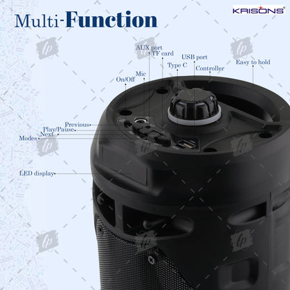 Krisons Cylender V2 Double Woofer 50W Multi-Media Bluetooth Party Speaker with Wired Mic for Karaoke,2400 MAH Battery, Digital Display,RGB Lights, USB, SD Card, FM Radio,Auto TWS Function