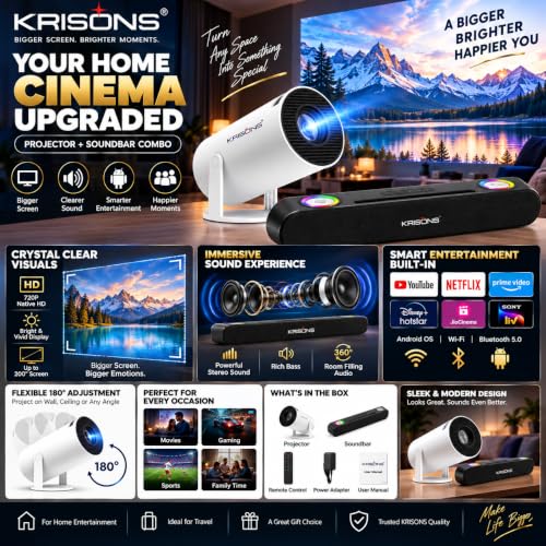 Krisons Zytel-003 Smart LED Projector with 1080p HD Resolution, Rotatable Design, Built-in Streaming Apps(Netflix etc.), 3500 Lumens, Screen Mirroring,1+16GB,Android+BT+WiFi ,with Free 20W Sound Bar