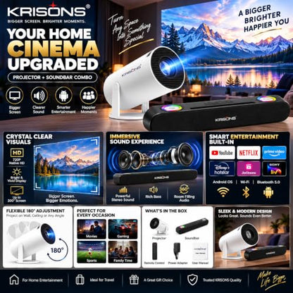 Krisons Zytel-003 Smart LED Projector with 1080p HD Resolution, Rotatable Design, Built-in Streaming Apps(Netflix etc.), 3500 Lumens, Screen Mirroring,1+16GB,Android+BT+WiFi ,with Free 20W Sound Bar