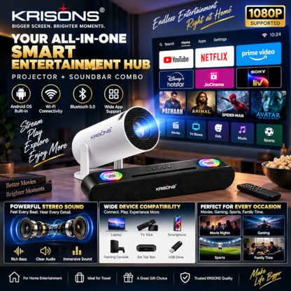 Krisons Zytel-003 Smart LED Projector with 1080p HD Resolution, Rotatable Design, Built-in Streaming Apps(Netflix etc.), 3500 Lumens, Screen Mirroring,1+16GB,Android+BT+WiFi ,with Free 20W Sound Bar