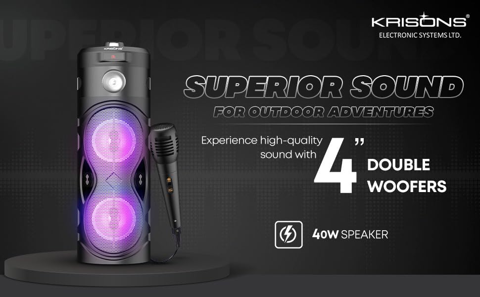 Krisons Cylender 111 40W Portable Speaker with 4" Double Woofers, Free Wired Mic for Karaoke, in Built Torch, Remote Control with Bluetooth, FM, USB, Micro SD Card Connectivity (Black)