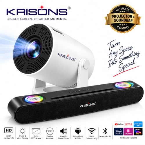 Krisons Zytel-003 Smart LED Projector with 1080p HD Resolution, Rotatable Design, Built-in Streaming Apps(Netflix etc.), 3500 Lumens, Screen Mirroring,1+16GB,Android+BT+WiFi ,with Free 20W Sound Bar