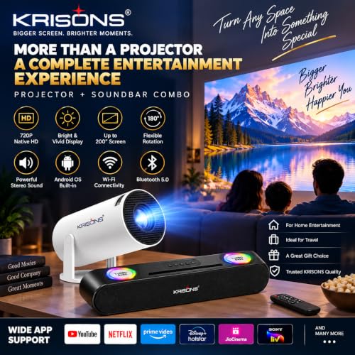 Krisons Zytel-003 Smart LED Projector with 1080p HD Resolution, Rotatable Design, Built-in Streaming Apps(Netflix etc.), 3500 Lumens, Screen Mirroring,1+16GB,Android+BT+WiFi ,with Free 20W Sound Bar