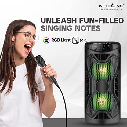 KRISONS Rockstar 4” Double Woofer 20W Multi-Media Bluetooth Party Speaker with Wired Mic for Karaoke, RGB Lights, USB, SD Card and FM Radio