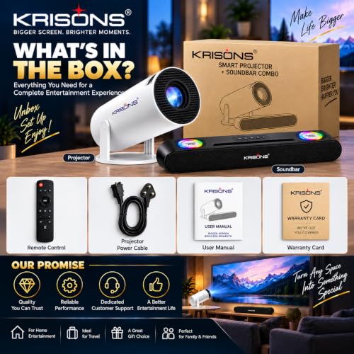 Krisons Zytel-003 Smart LED Projector with 1080p HD Resolution, Rotatable Design, Built-in Streaming Apps(Netflix etc.), 3500 Lumens, Screen Mirroring,1+16GB,Android+BT+WiFi ,with Free 20W Sound Bar