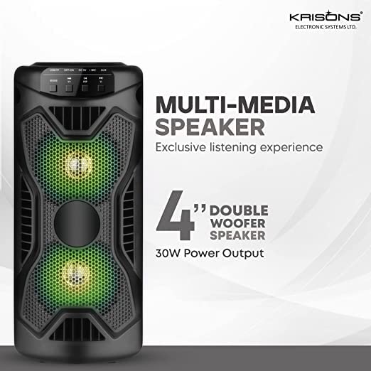 KRISONS Rockstar 4” Double Woofer 20W Multi-Media Bluetooth Party Speaker with Wired Mic for Karaoke, RGB Lights, USB, SD Card and FM Radio