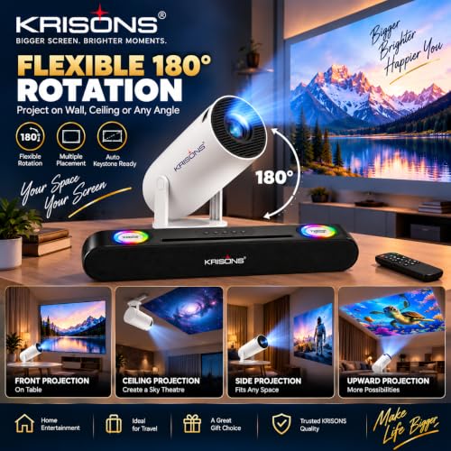 Krisons Zytel-003 Smart LED Projector with 1080p HD Resolution, Rotatable Design, Built-in Streaming Apps(Netflix etc.), 3500 Lumens, Screen Mirroring,1+16GB,Android+BT+WiFi ,with Free 20W Sound Bar