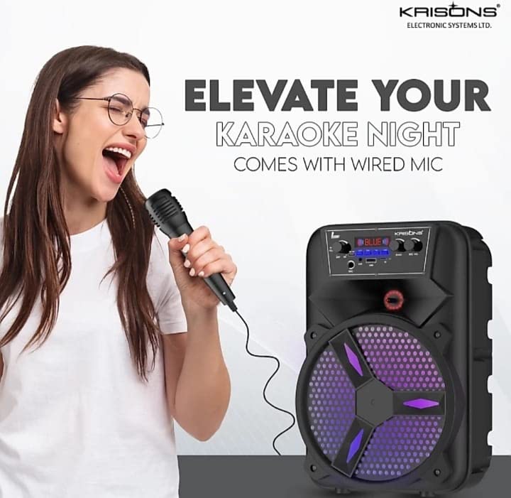 Krisons Stone 8-inch Woofer, Free Wired Mic, 4 Hours Playback RGB Lights,USB Input 20 W Bluetooth Speaker