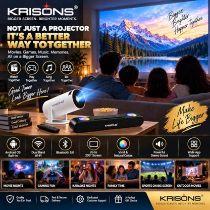 Krisons Zytel-003 Smart LED Projector with 1080p HD Resolution, Rotatable Design, Built-in Streaming Apps(Netflix etc.), 3500 Lumens, Screen Mirroring,1+16GB,Android+BT+WiFi ,with Free 20W Sound Bar