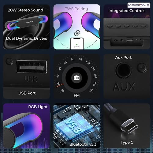 Krisons SB002 40W Multi-Media Bluetooth Sound Bar,2400 MAH Battery, Digital Display,RGB Lights, USB, SD Card, FM Radio,Auto TWS Function
