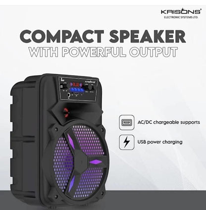 Krisons Stone 8-inch Woofer, Free Wired Mic, 4 Hours Playback RGB Lights,USB Input 20 W Bluetooth Speaker