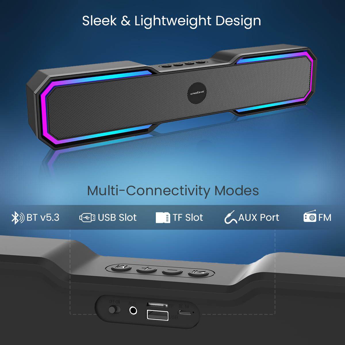 Krisons Soundbar with RGB LED Lighting, Black, 38x7.9x5.59 cm, Computer Speaker for Desktop