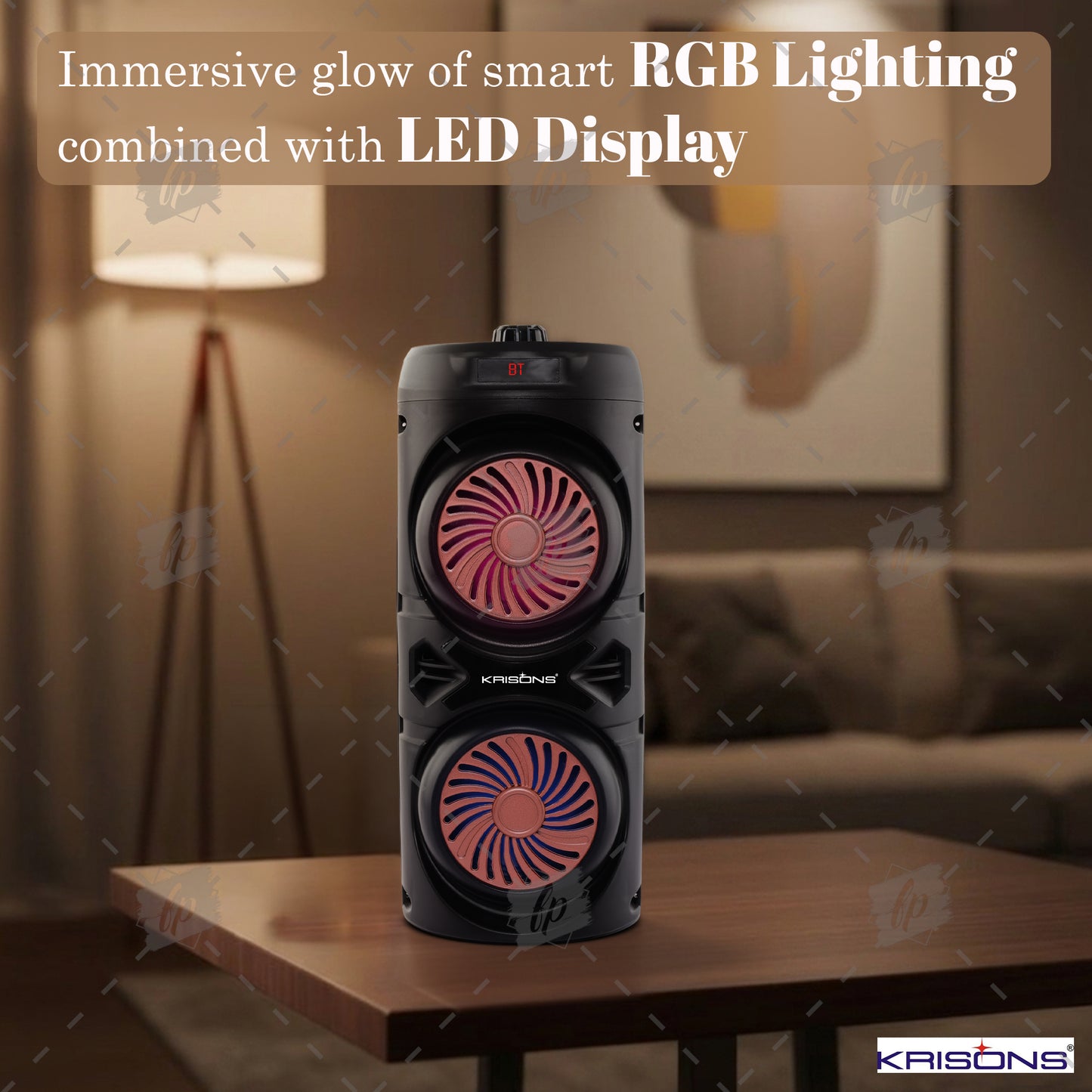 Krisons Cylender V1 Double Woofer 45W Multi-Media Bluetooth Party Speaker with Wired Mic for Karaoke,2400 MAH Battery, Digital Display,RGB Lights, USB, SD Card, FM Radio,Auto TWS Function