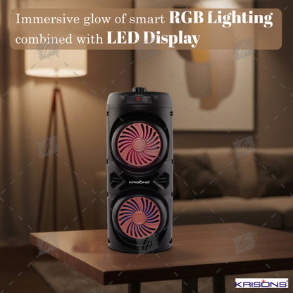 Krisons Cylender V1 Double Woofer 45W Multi-Media Bluetooth Party Speaker with Wired Mic for Karaoke,2400 MAH Battery, Digital Display,RGB Lights, USB, SD Card, FM Radio,Auto TWS Function