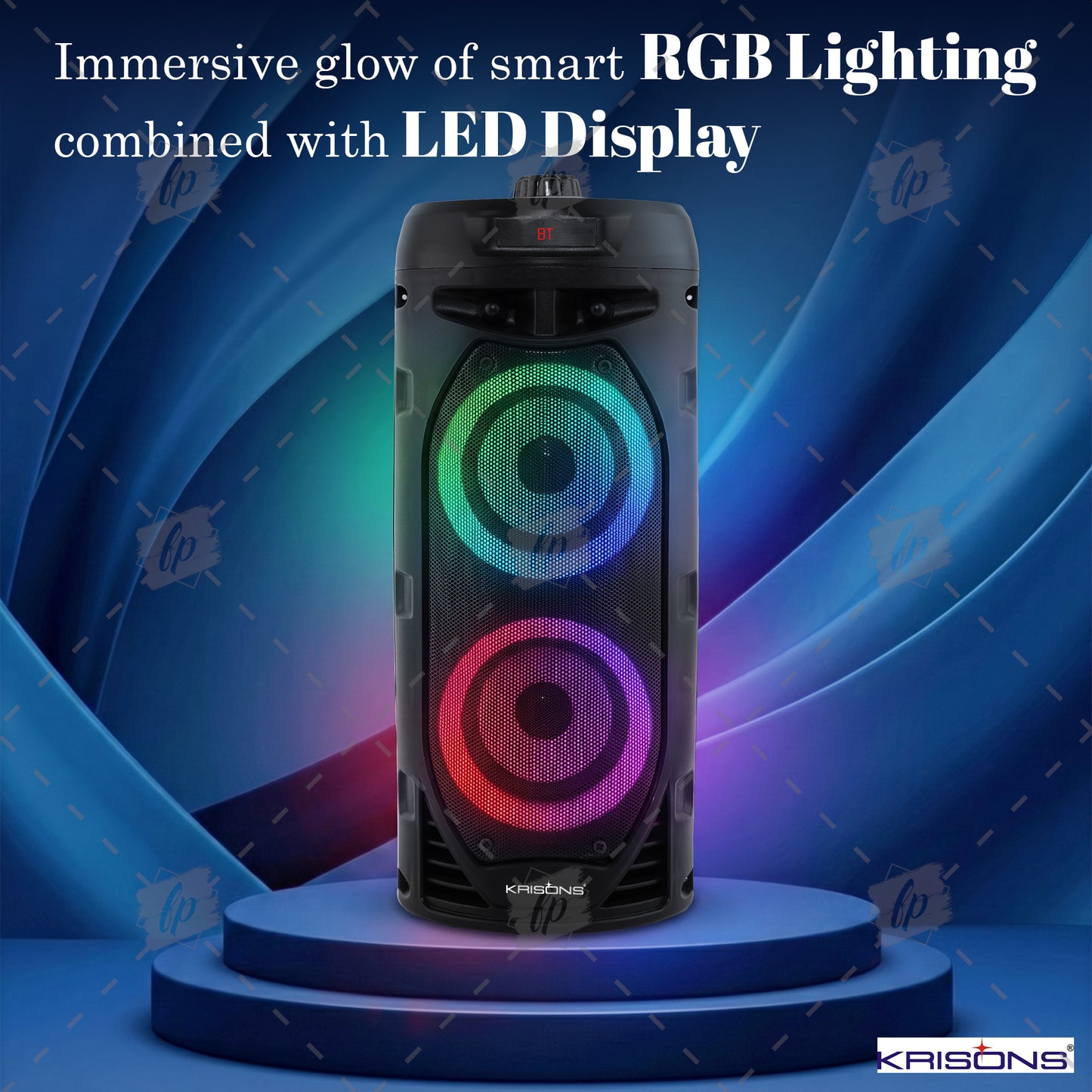Krisons Cylender V2 Double Woofer 50W Multi-Media Bluetooth Party Speaker with Wired Mic for Karaoke,2400 MAH Battery, Digital Display,RGB Lights, USB, SD Card, FM Radio,Auto TWS Function