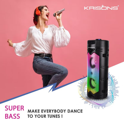 Krisons Cylender 333 Double 4" Woofer 50 W Multi-Media Bluetooth Party Tower Speaker with Wired Mic for Karaoke, in Built Digital Display, RGB Lights, USB, SD Card and FM Radio