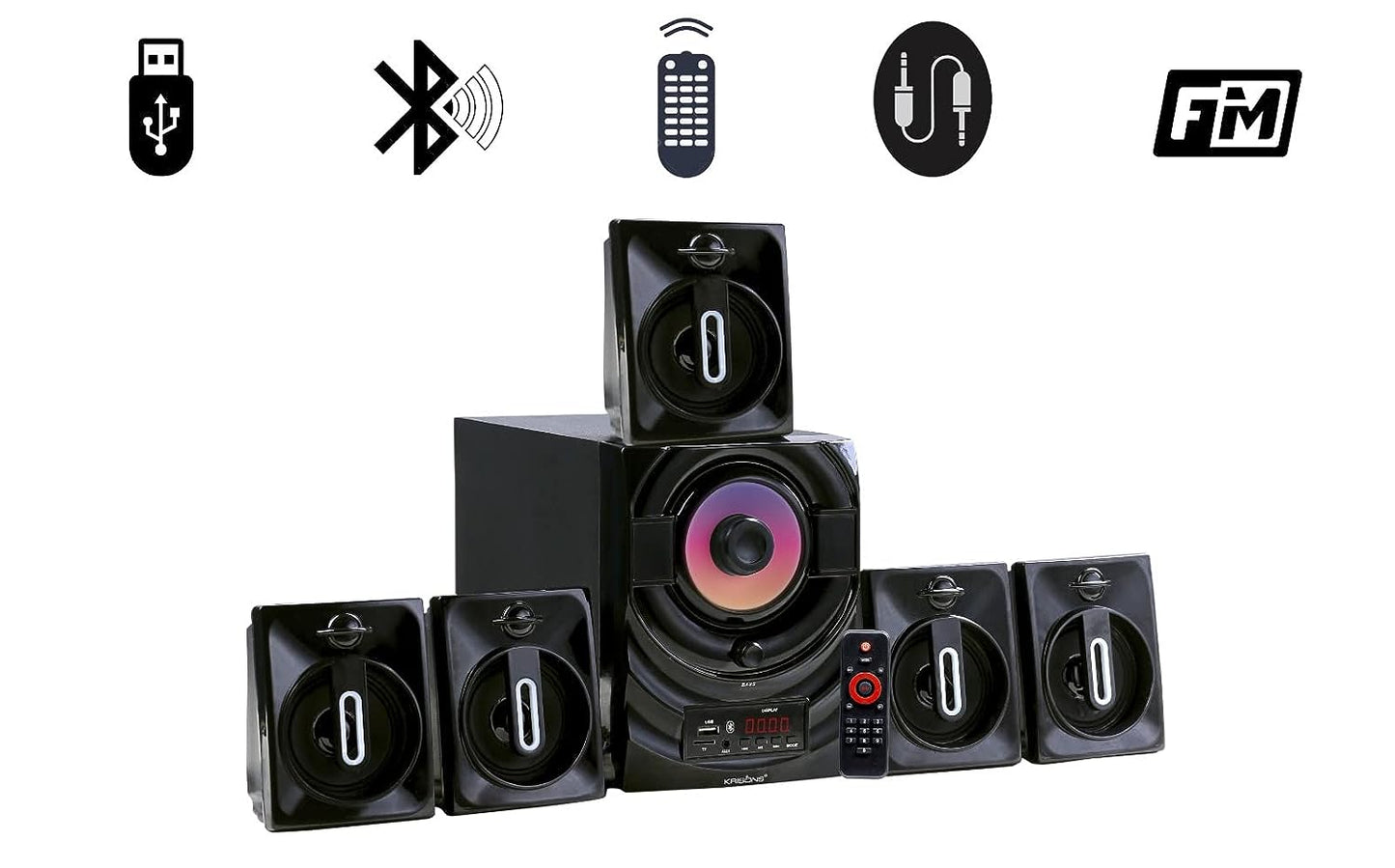 KRISONS Crown 5.1 Home Theater | Bluetooth Supporting Home Theatre 5.1 | USB, AUX, LCD Display, Built-in FM, Recording, Remote Control. 60W Home Theatre