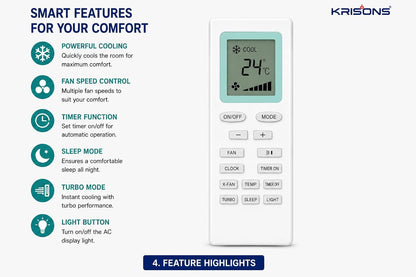 Krisons Original AC Remote Compatible with Voltas & Onida Split and Window Air Conditioner | Clock Timer Turbo Sleep.