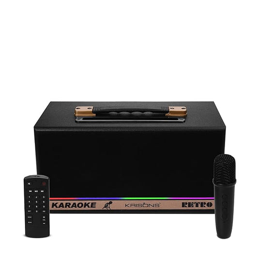 KRISONS Retro Bluetooth Party Speaker 60W| Karaoke Wireless Mic| Portable Trolley Outdoor Speaker | Inbuilt Battery Upto 6 Hours Playtime| Aux/TF/USB/Dual 4" Driver