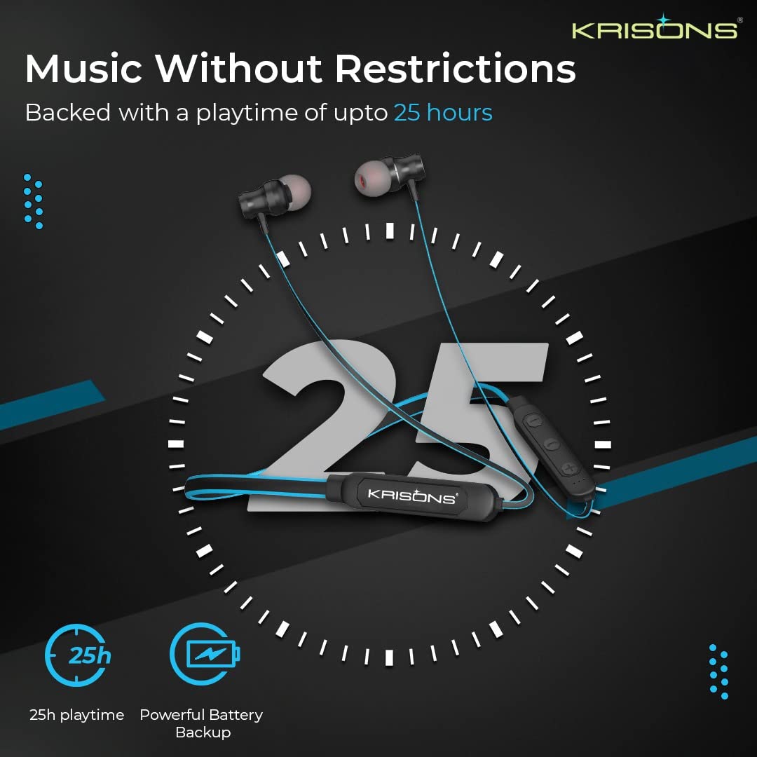 Krisons Rockblue Neckband with 25 Hrs runtime Deep Bass Speaker Headset (Green, in-Ear) Bluetooth Headset (Black Green, True Wireless)