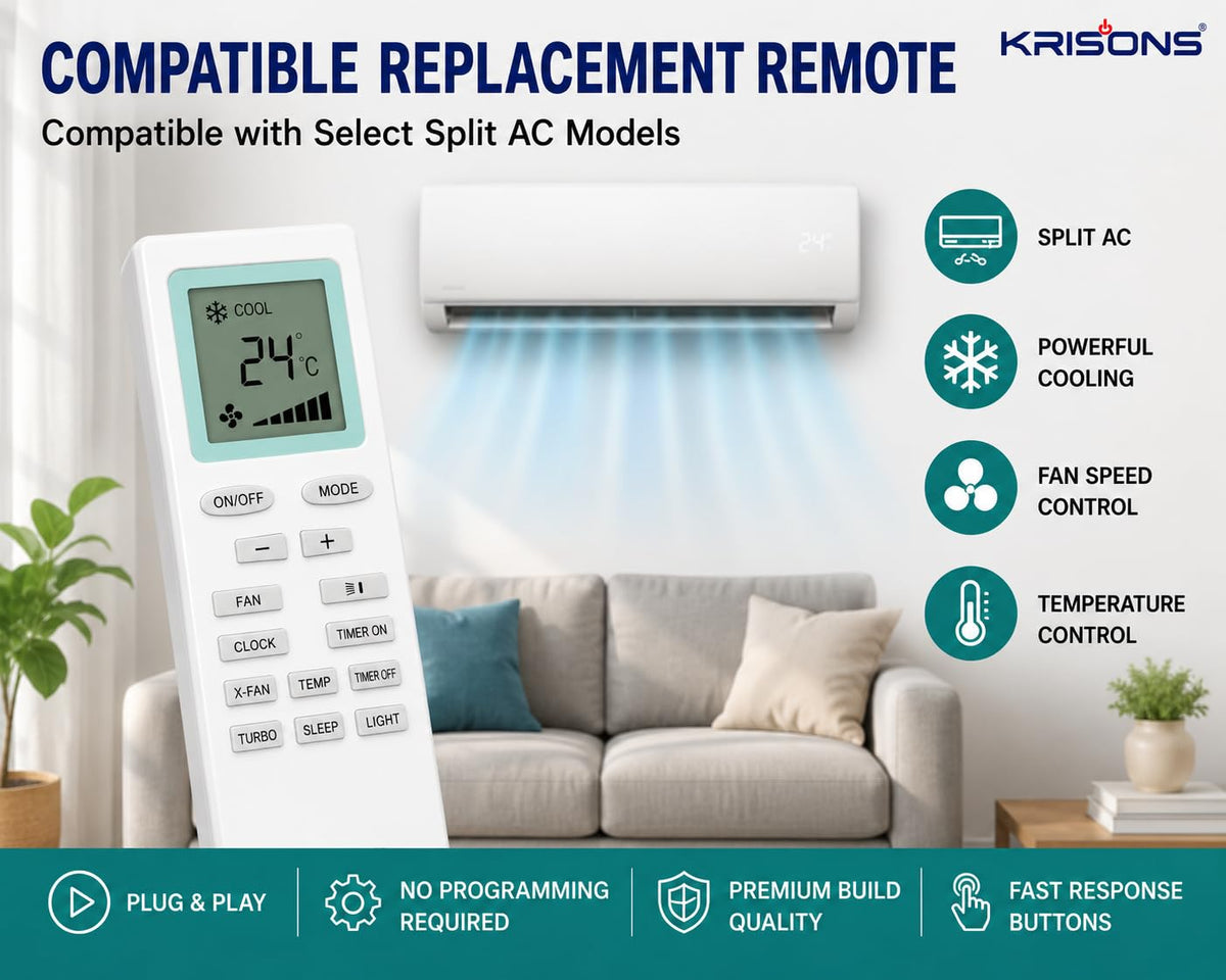 Krisons Original AC Remote Compatible with Voltas & Onida Split and Window Air Conditioner | Clock Timer Turbo Sleep.