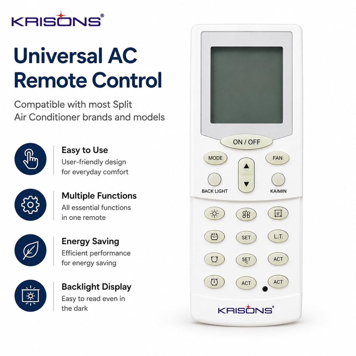 Krisons Compatible with Hitachi AC Remote Control Suitable for 1 | 1.5 | 2 Ton Split and Window Air Conditioner - Match Remote Keys Exactly with Your Existing Remote Control
