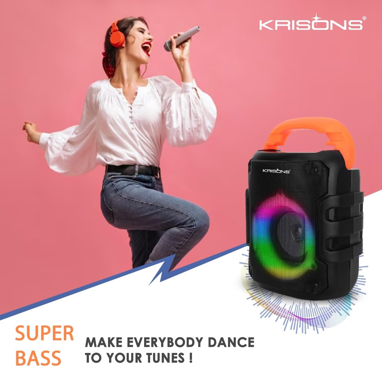 Krisons Sunshine 4" Woofer 35 W Multi-Media Bluetooth Party Speaker with Wired Mic for Karaoke, Digital Display,RGB Lights, USB, SD Card and FM Radio