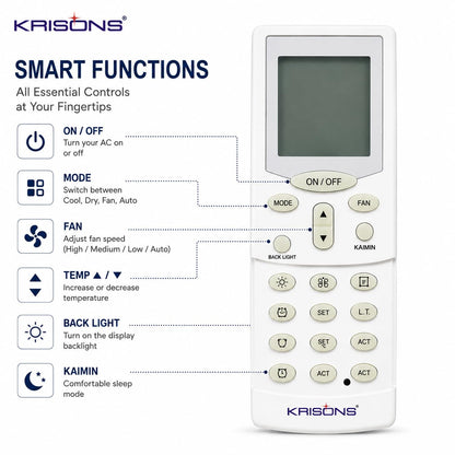 Krisons Compatible with Hitachi AC Remote Control Suitable for 1 | 1.5 | 2 Ton Split and Window Air Conditioner - Match Remote Keys Exactly with Your Existing Remote Control