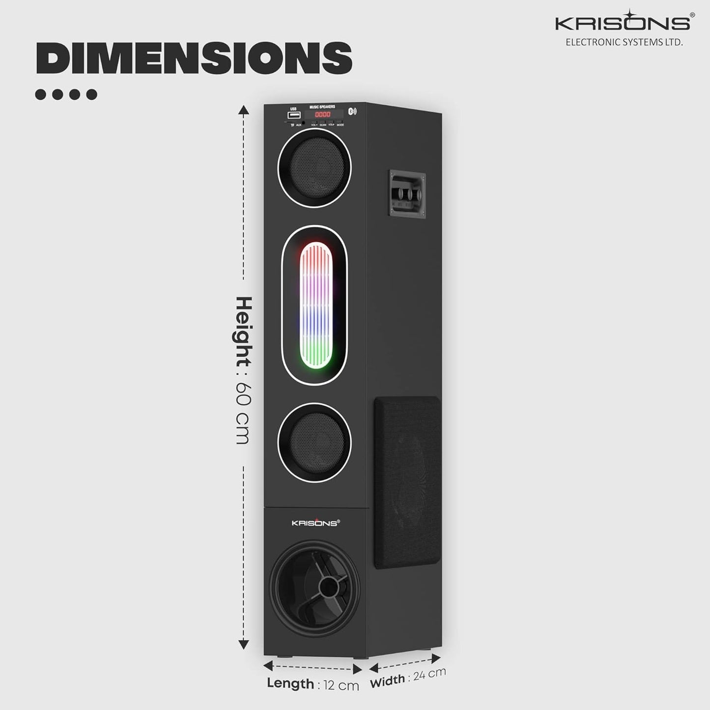 Krisons Cloudbuster Tallboy Tower Speaker, Multimedia Home Theatre, Floor Standing Speaker, RGB Lights, with Bluetooth, FM, USB, AUX Connectivity