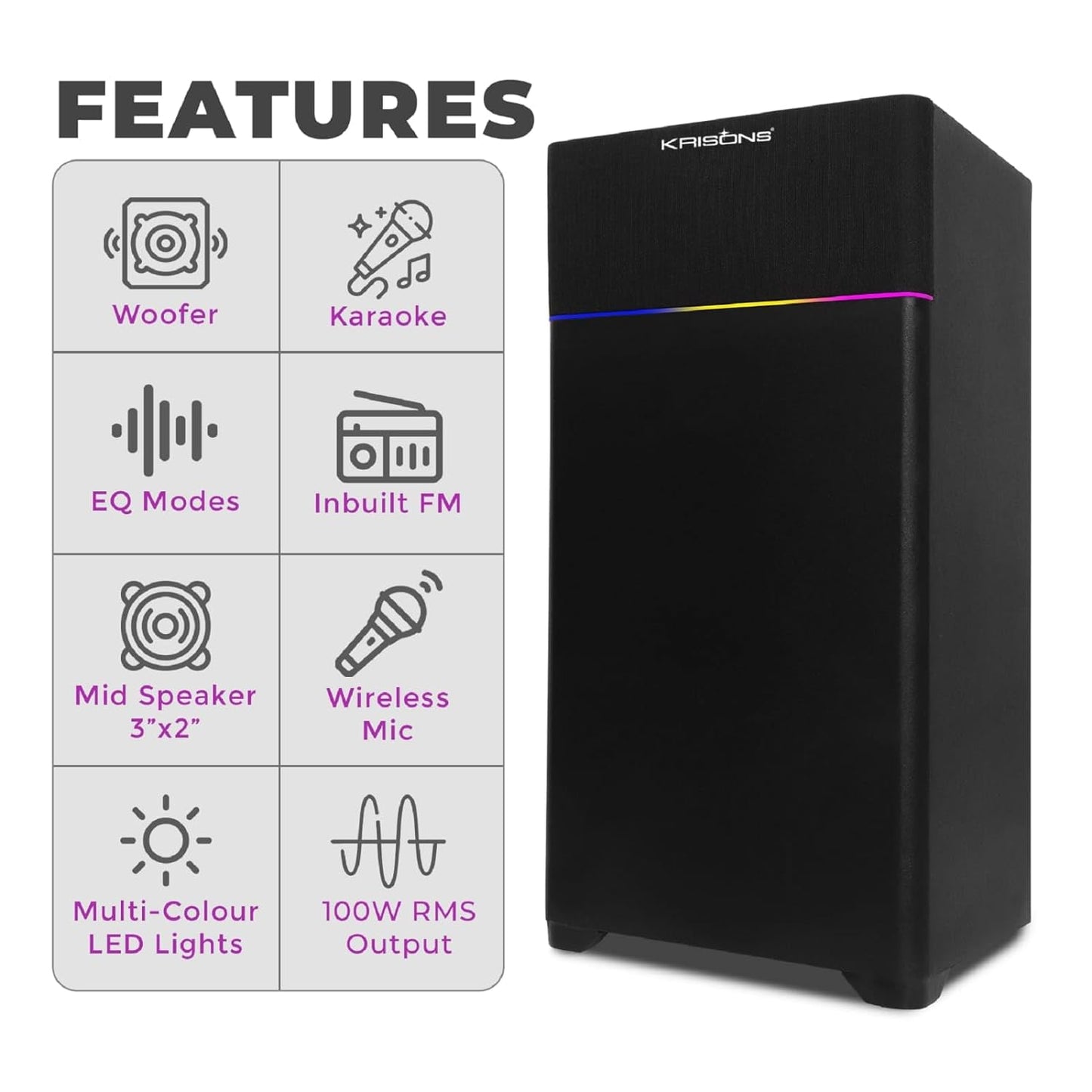 KRISONS Newly Launched Rocker Powerful 120W RMS Home Theater Bluetooth Party Box Speaker with High Power Bass, Wireless Mic with Karaoke & Mic Priority, HDMI (ARC), AUX, USB and Dynamic LED Lights