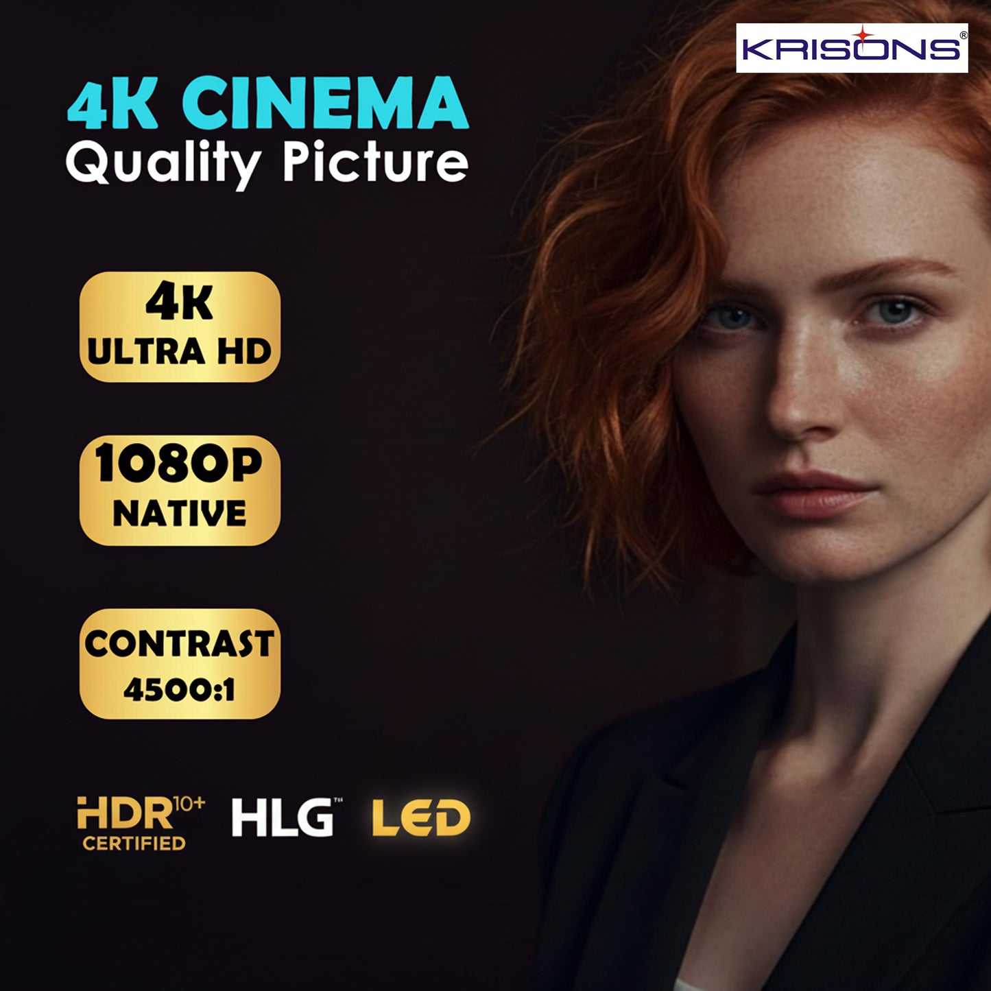 KRISONS-RAZOR 001 Android 12(2GB+16GB),4K HDR10,Semi Closed Engine, 4K Projector,100 ANSI, Full Automatic (OA+AF+TILT), HDMI ARC, BT 5.2, Dual WiFi 6, 3D With free Fire Stick,20 Watts Sound Bar