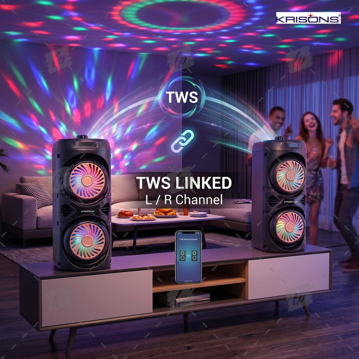 Krisons Cylender V1 Double Woofer 45W Multi-Media Bluetooth Party Speaker with Wired Mic for Karaoke,2400 MAH Battery, Digital Display,RGB Lights, USB, SD Card, FM Radio,Auto TWS Function