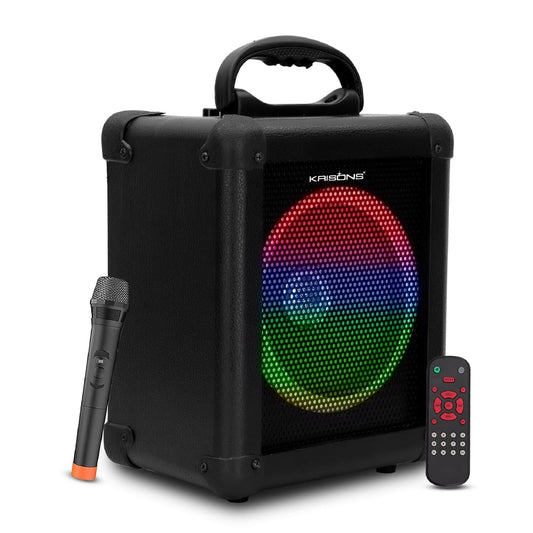 Krisons Star 100W Bluetooth Party Speaker with Built In wheels, Immersive Visual Display, Personalized Karaoke, Push Control - Volume, bass, treble and echo adjustments, Versatile Connectivity Options