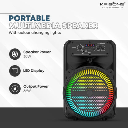 Krisons MoonStar 30W (8" Woofer) Portable Multimedia Gaming Speaker with Wireless Mic for Karaoke, LED Display with Bluetooth, FM, USB, Micro SD Card, AUX Connectivity
