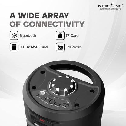 KRISONS Cylender 4” Double Woofer 40W Multi-Media Bluetooth Party Speaker with Wired Mic for Karaoke, Digital Display,RGB Lights, USB, SD Card, FM Radio,Auto TWS Function & Remote