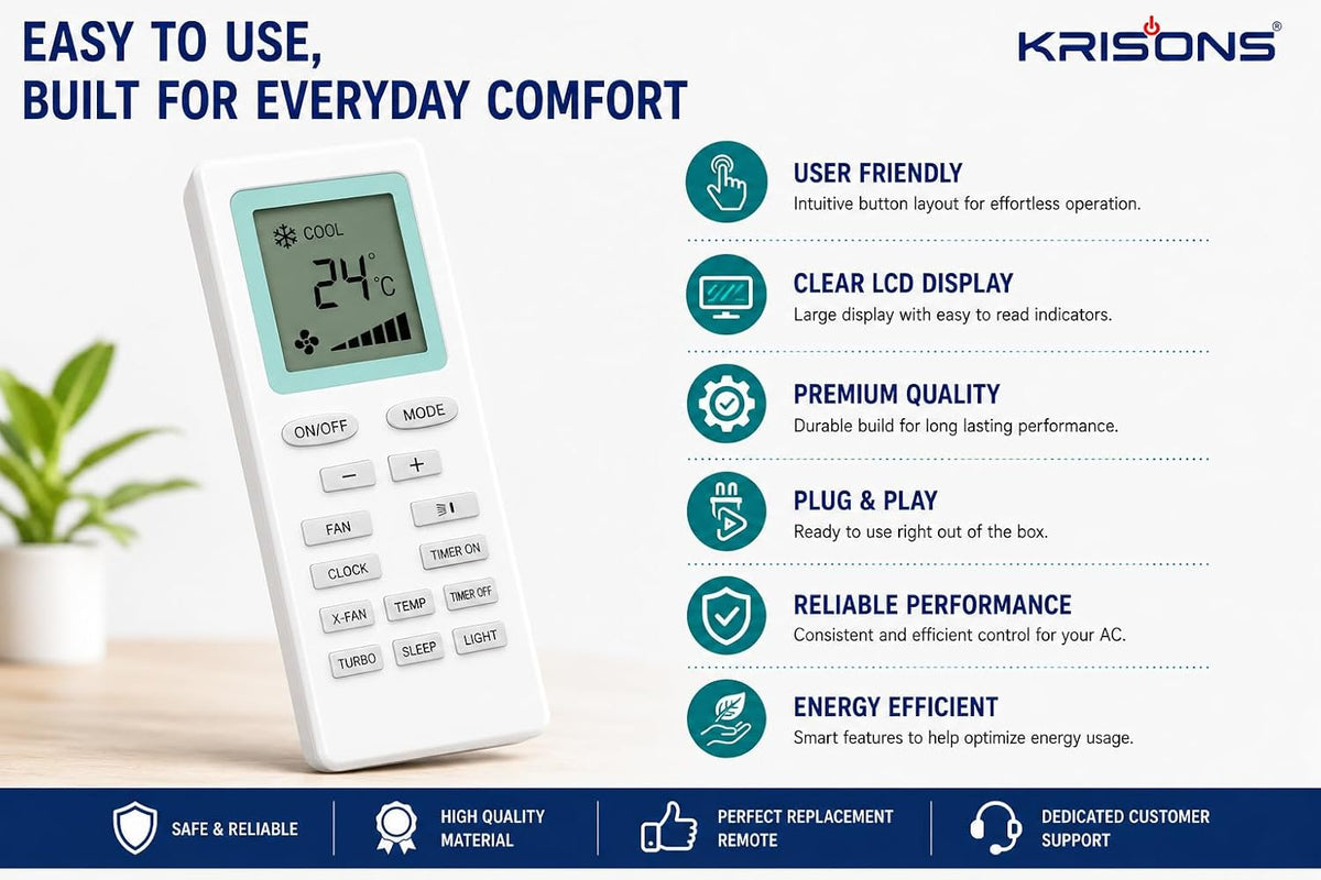 Krisons Original AC Remote Compatible with Voltas & Onida Split and Window Air Conditioner | Clock Timer Turbo Sleep.