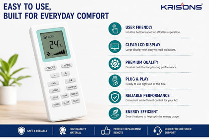 Krisons Original AC Remote Compatible with Voltas & Onida Split and Window Air Conditioner | Clock Timer Turbo Sleep.