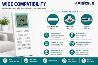 Krisons Original AC Remote Compatible with Voltas & Onida Split and Window Air Conditioner | Clock Timer Turbo Sleep.