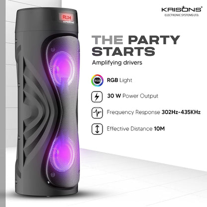 Krisons Cyclone 6” Double Woofer 100 W Multi-Media Bluetooth Party Tower Speaker with Wireless Mic for Karaoke, RGB Lights, USB, SD Card and FM Radio – Black