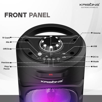 KRISONS Cylender 4” Double Woofer 40W Multi-Media Bluetooth Party Speaker with Wired Mic for Karaoke, Digital Display,RGB Lights, USB, SD Card, FM Radio,Auto TWS Function & Remote
