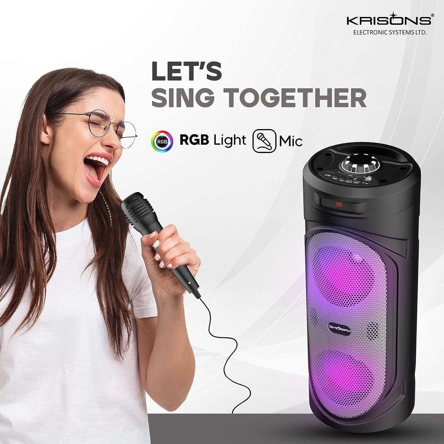 Krisons 4" SilverStar Double Woofer 40W Multi-Media Bluetooth Party Speaker with Wired Mic for Karaoke,Digital Display, RGB Lights, USB, SD Card and FM Radio
