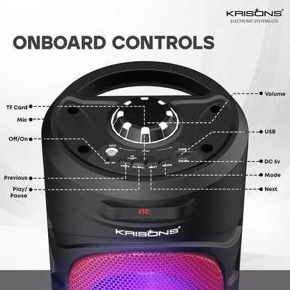 Krisons 4" RedStar Double Woofer 40W Multi-Media Bluetooth Party Speaker with Wired Mic for Karaoke, Digital Display,RGB Lights, USB, SD Card and FM Radio