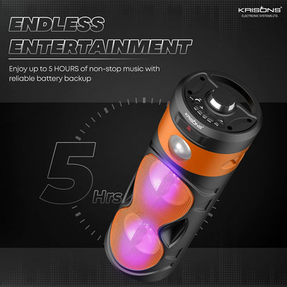 Krisons Cylender 111 40W Portable Speaker with 4" Double Woofers,Free Wired Mic for Karaoke, in Built Torch, Remote Control with Bluetooth, FM, USB, Micro SD Card Connectivity (Orange)
